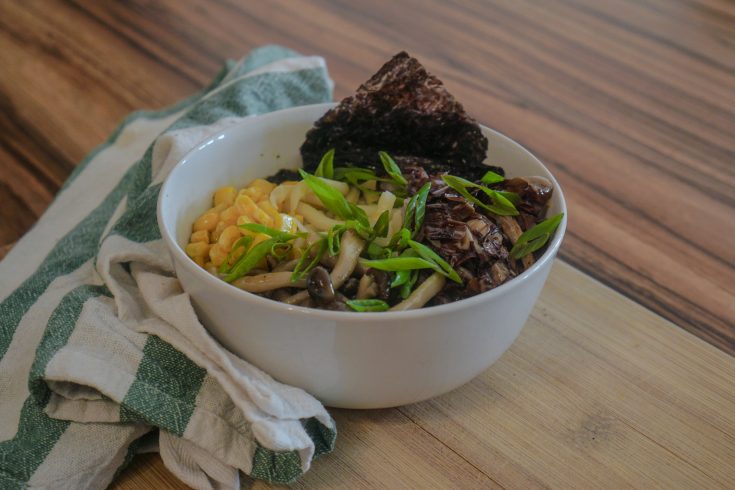 Vegan Udon Noodle Soup with Miso Broth, Corn, & Scallions