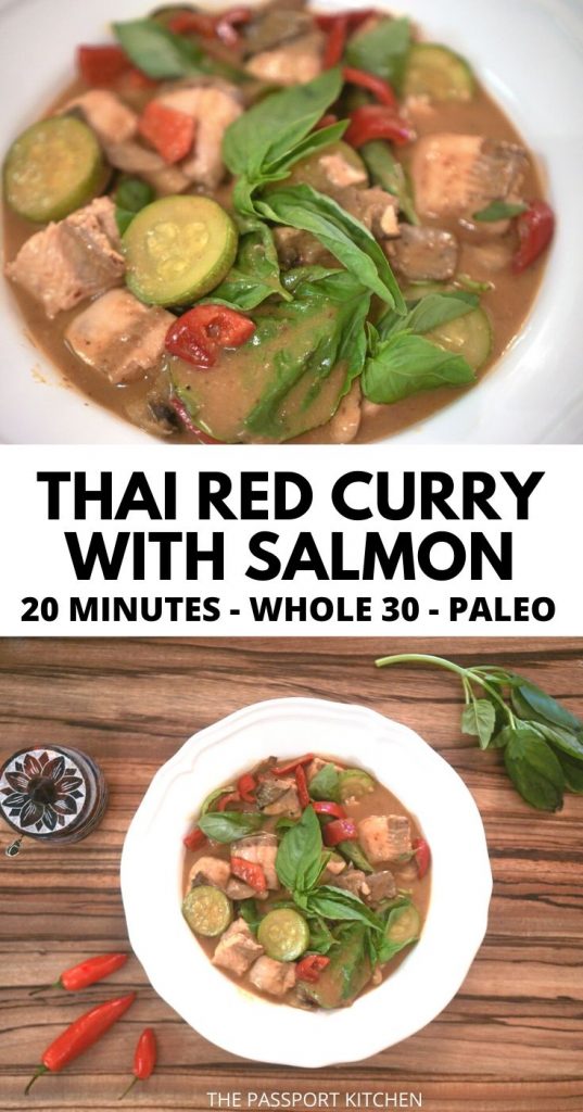 This easy Thai salmon curry can be on the table in 20 minutes! This red salmon curry with coconut milk and basil is perfect with jasmine rice or low-carb alternative. This low carb Thai salmon red curry is the perfect 20 minute meal, and it's paleo, keto, and Whole 30 friendly with minor tweaks.