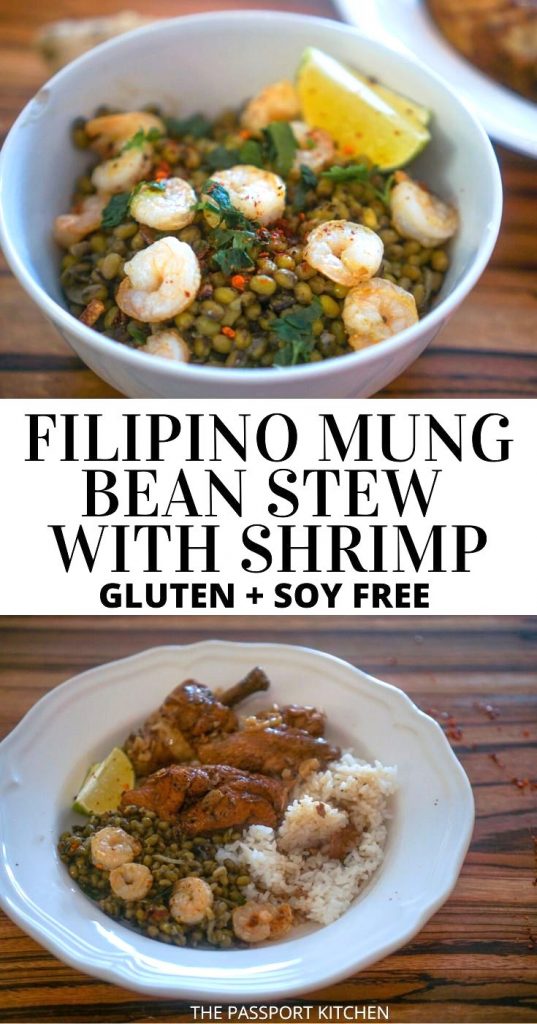 Looking for a mung bean recipe? This mung bean stew is unique and full of delicious Filipino flavors! Munggo guisado (also written mungo guisado and mongo guisado) is flavored with mung beans, coconut milk, garlic, onion, bay leaf, and it's topped with delicious shrimp! Omit the shrimp to easily make a vegan mung bean stew, or switch it up with pork if you don't like shrimp. This Filipino mung bean stew is naturally gluten-free and soy-free and is extremely budget-friendly to make!