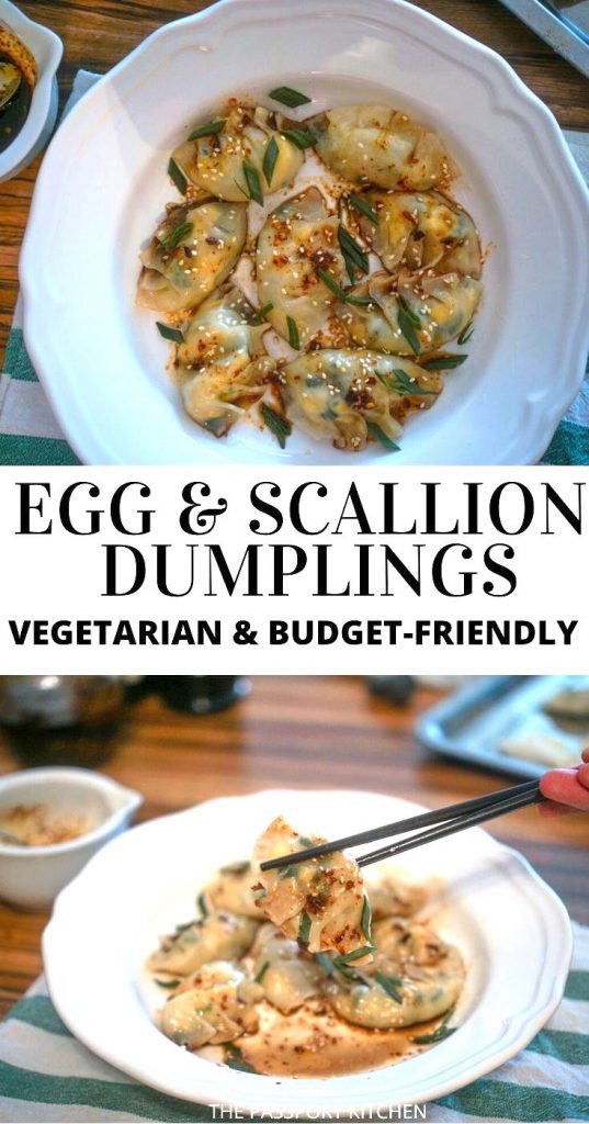 Want a different spin on traditional vegetarian dumplings? These Chinese egg and scallion dumplings will blow your mind! Three simple ingredients - egg, green onions, and vermicelli noodles - make up the filling of these vegetarian Chinese dumplings, and a spicy chili oil-soy sauce combo makes them irresistible! Simple and budget-friendly.