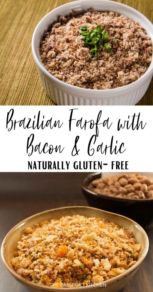 Wondering what to serve with your feijoada or other Brazilian recipes? This tasty Brazilian farofa is an authentic Brazilian dish that you'll love and it's naturally gluten-free! This gluten-free farofa is made with onion, garlic, and bacon, and it's the perfect Brazilian side dish for beans, barbecue, grilled meat, or any other Brazilian meal of your choice!