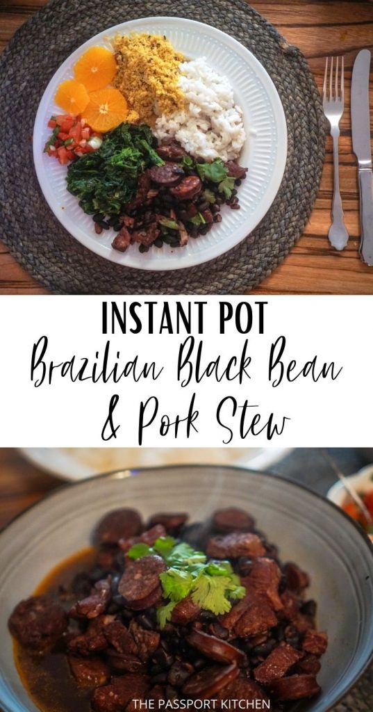 This tasty Brazilian bean stew with pork, sausage, and bacon is a treat! This Instant pot Brazilian bean stew, aka Instant Pot feijoada, is easy to make. Enjoy a traditional Brazilian feijoada completa with rice, farofa, oranges, and greens for a healthy and tasty one pot dinner.