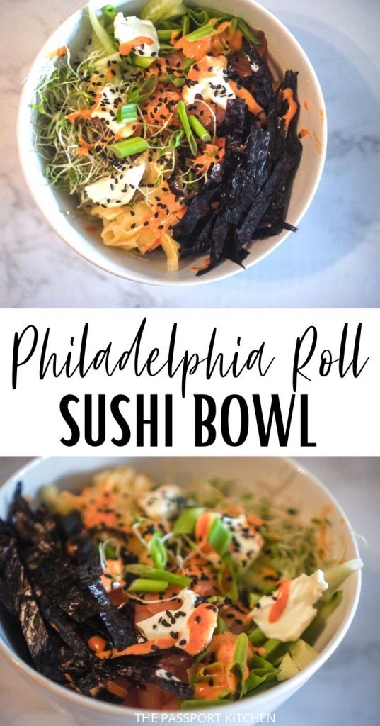 This tasty sushi bowl (similar to a poke bowl) is basically a deconstructed Philadelphia roll! With smoked salmon, cream cheese, and cucumber, this tasty Philadelphia roll sushi bowl with sriracha mayo is a gorgeous and Instagrammable treat