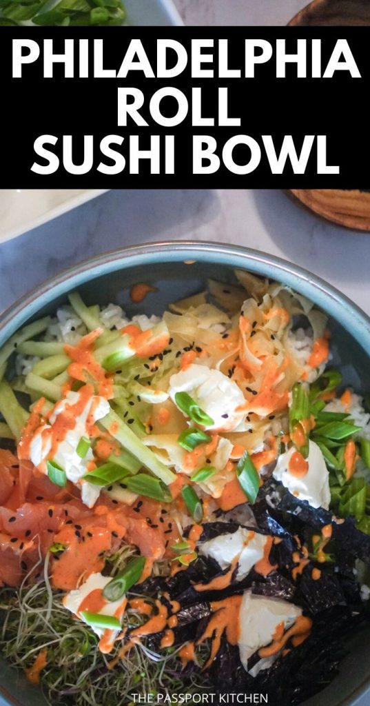 This tasty sushi bowl (similar to a poke bowl) is basically a deconstructed Philadelphia roll! With smoked salmon, cream cheese, and cucumber, this tasty Philadelphia roll sushi bowl with sriracha mayo is a gorgeous and Instagrammable treat