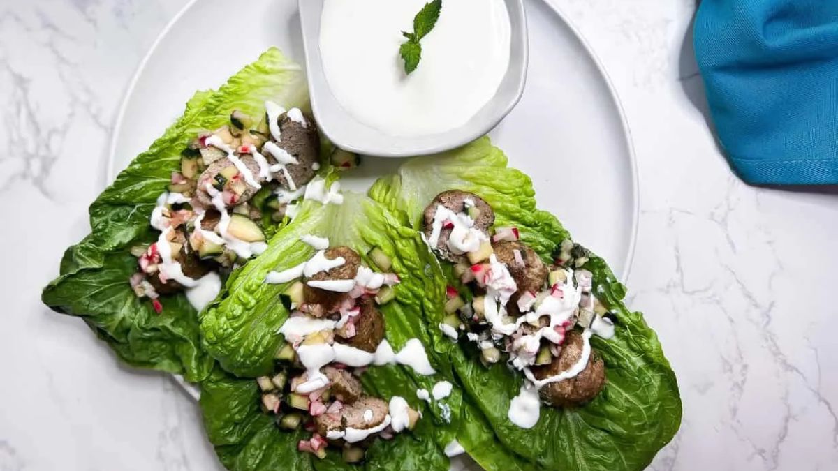 Lamb Kofta Wraps [Cucumber Radish Salad with Feta Yogurt Sauce]..