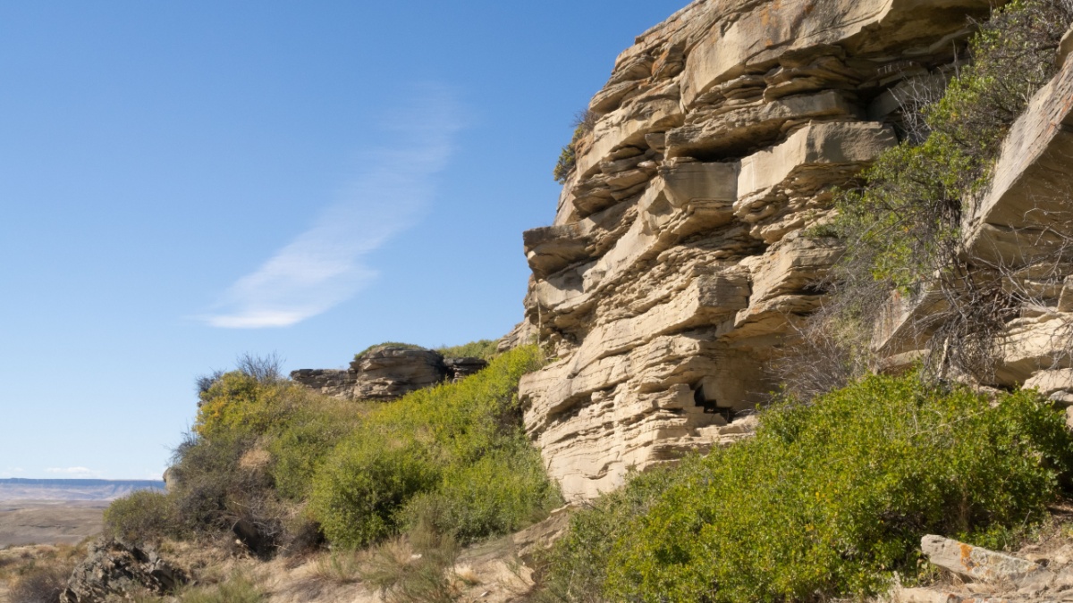 View of the cliff that was used by Native Americans as a bison jump and is part of the First Peoples Buffalo Jump State Park and National Historic Landmark in Montana.