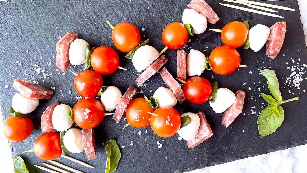 Easy Caprese Skewers with Salami.
