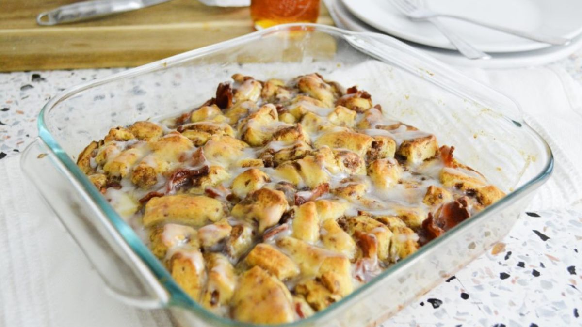Bacon Cinnamon Roll French Toast Casserole.