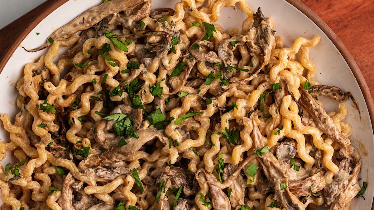 Baked Goat Cheese Oyster Mushroom Pasta.