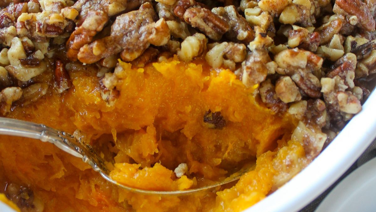 Butternut Squash Casserole with Butter Pecan Topping.