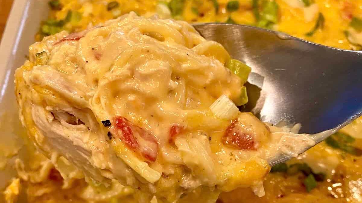 Chicken Spaghetti with Rotel and Velveeta.