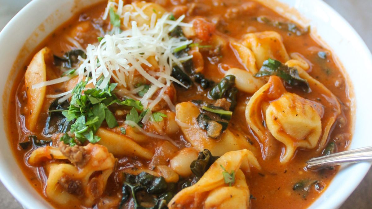 Creamy Tomato Tortellini Soup with Ground Beef.