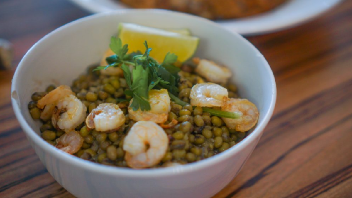 Easy Filipino Munggo Guisado (Mung Bean Stew) with Shrimp.