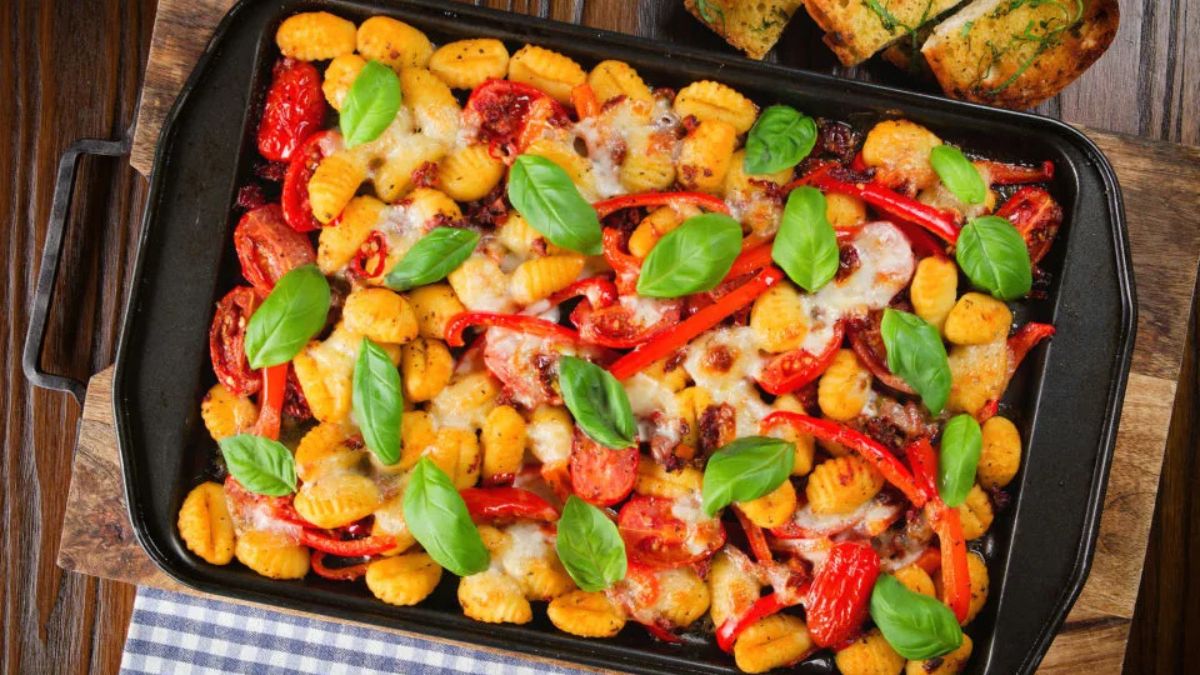 Gnocchi Tray Bake with Tomato and Mozzarella.