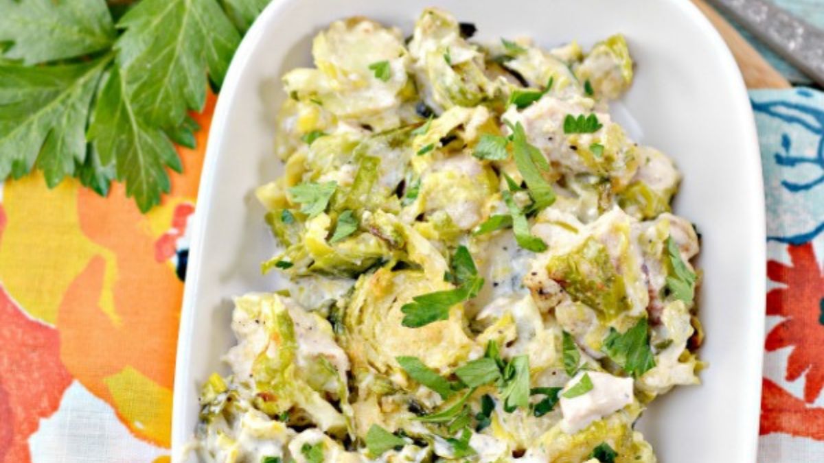 Low Carb Chicken Alfredo Brussels Sprouts Casserole.
