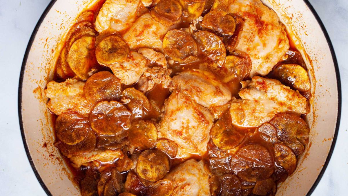 One Pan Coconut Chicken With Plantain Chips.