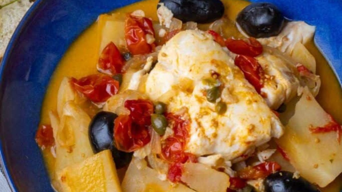 Pesce alla Ghiotta (Sicilian Fish with Potatoes and Olives).