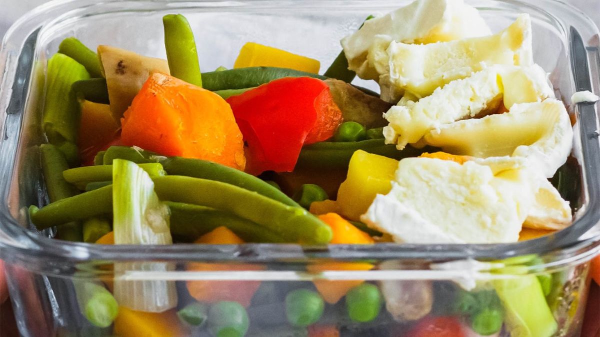 Salad with Steamed Vegetables and Brie Cheese.