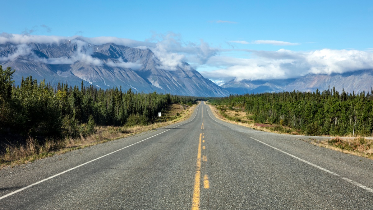 A view of the Alaska Highway in Canada between Whitehorse and Haines Junction.