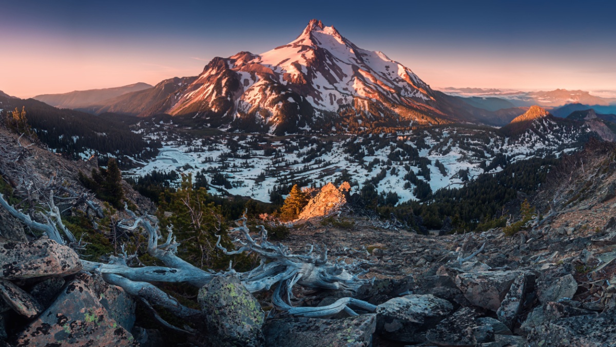 At 10,492 feet high, Mt Jefferson is Oregon's second tallest mountain.Mount Jefferson Wilderness Area, Oregon The snow covered central Oregon Cascade volcano Mount Jefferson rises above a pine forest.