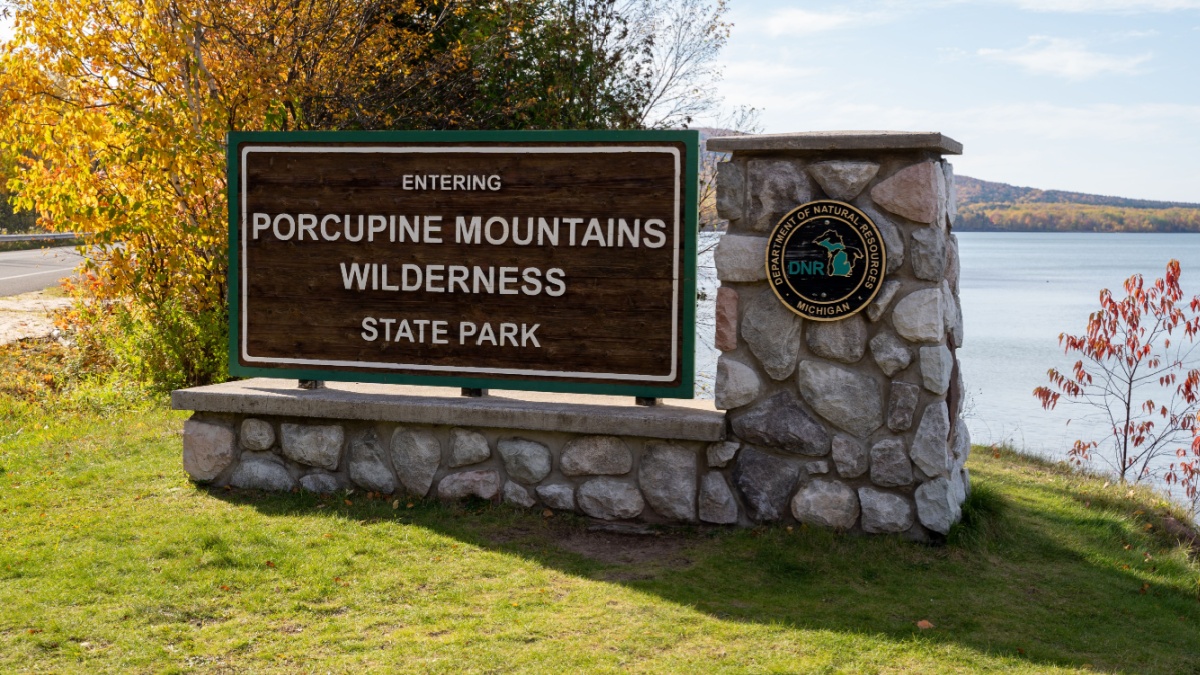 Ontonagon County, Michigan - October 18, 2019: Sign for the Porcupine Mountains Wilderness State Park, also known as the Porkies, along Lake Superior.