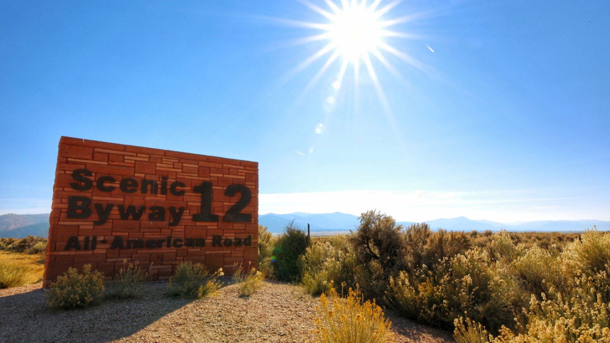 UTAH, USA - Nov 11, 2019 : beautiful brown stone signboard which is displaying name of Utah state route 12 which is also known as Scenic Byway 12.