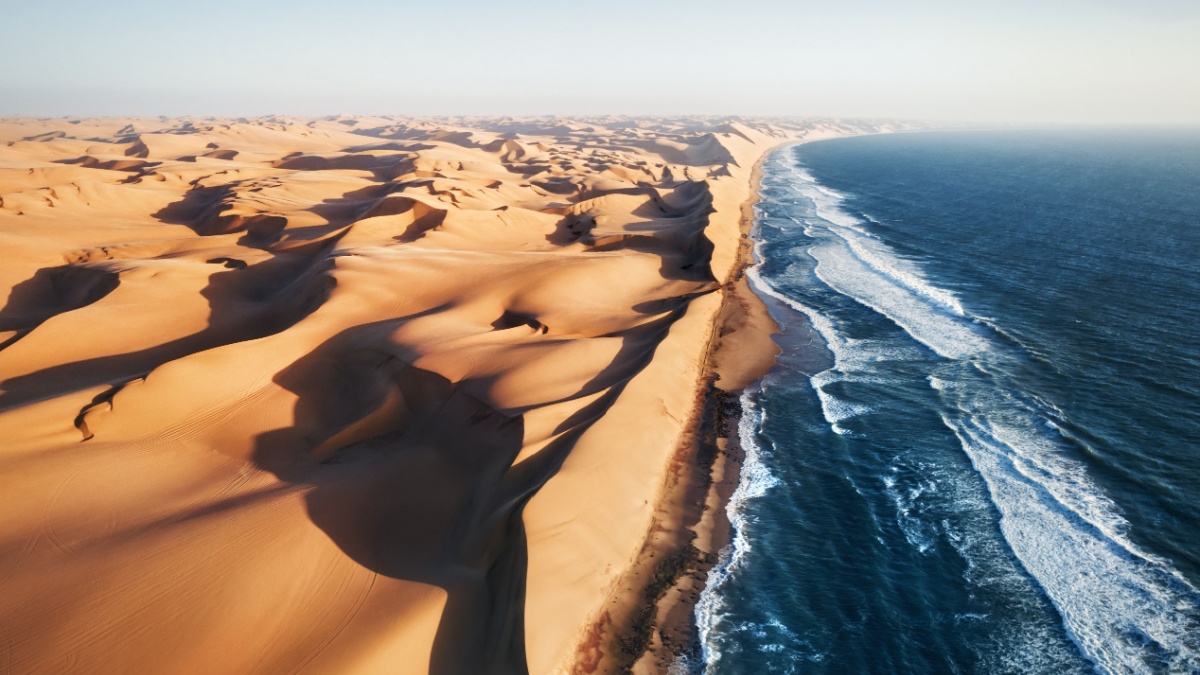 Place where Namib desert and the Atlantic ocean meets, Skeleton coast, South Africa, Namibia, aerial shot.