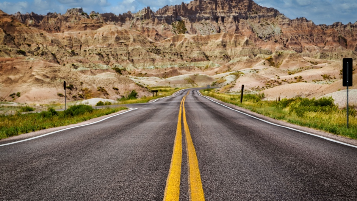 A sunny day on highway 240 in South Dakota near the Badlands National Park.