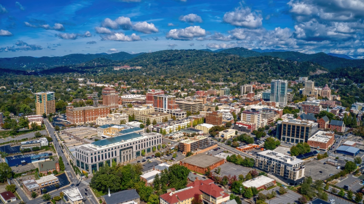 Aerial View of Asheville, North Carolina during Summer.