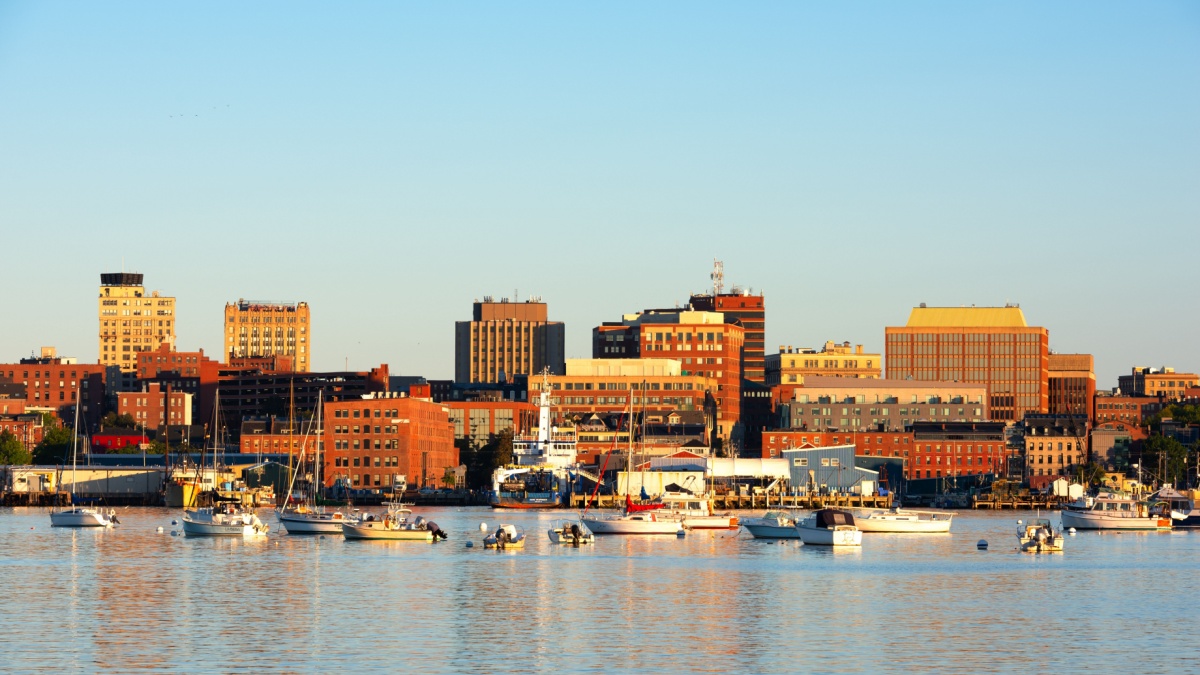Portland, Maine, USA coastal skyline in the morning.
