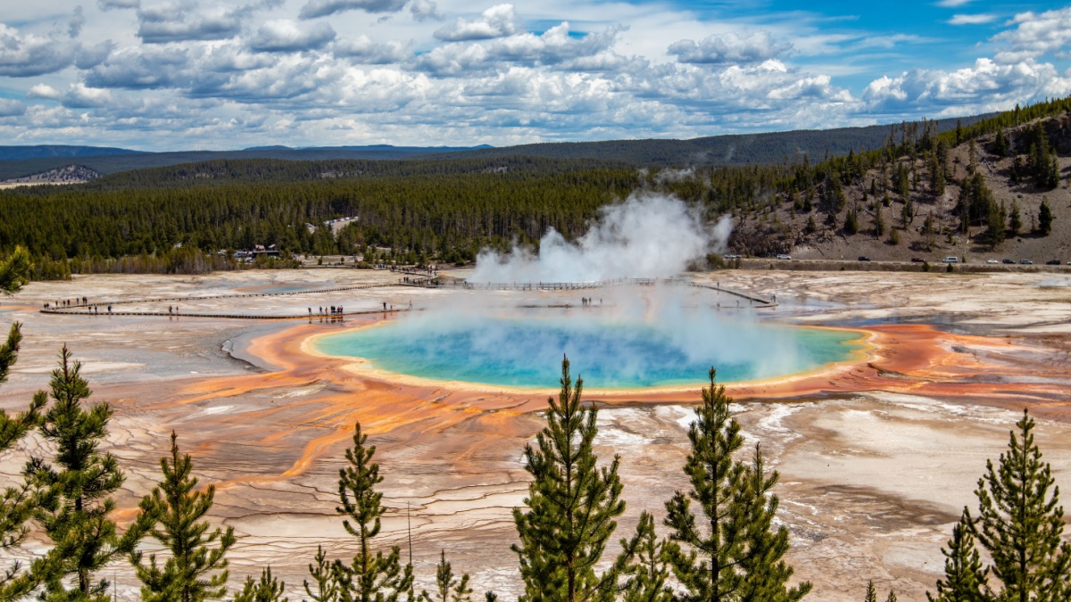 Grand Prismatic Spring in Yellowstone National Park, Wyoming USA from the view of Fairy Falls Trail, horizontal.