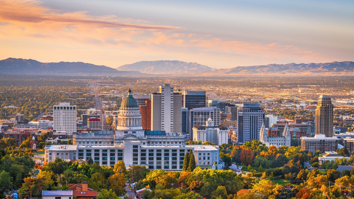 Salt Lake City, Utah, USA downtown city skyline at dawn.