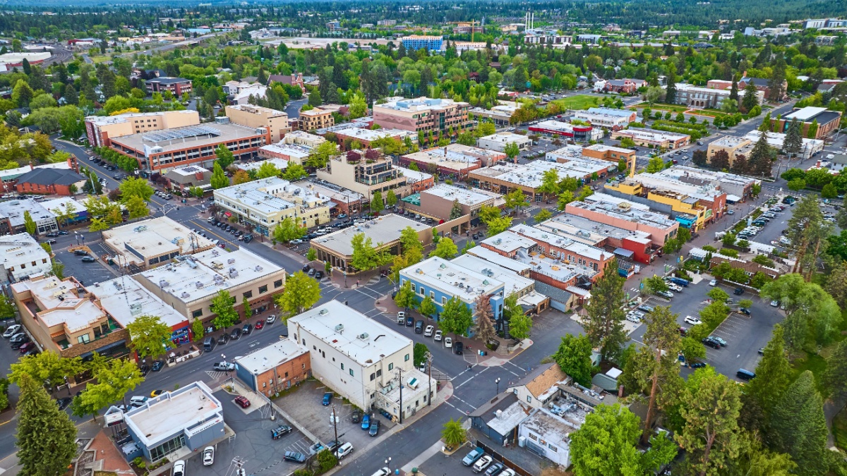 Aerial View of Bustling Downtown Bend Oregon.