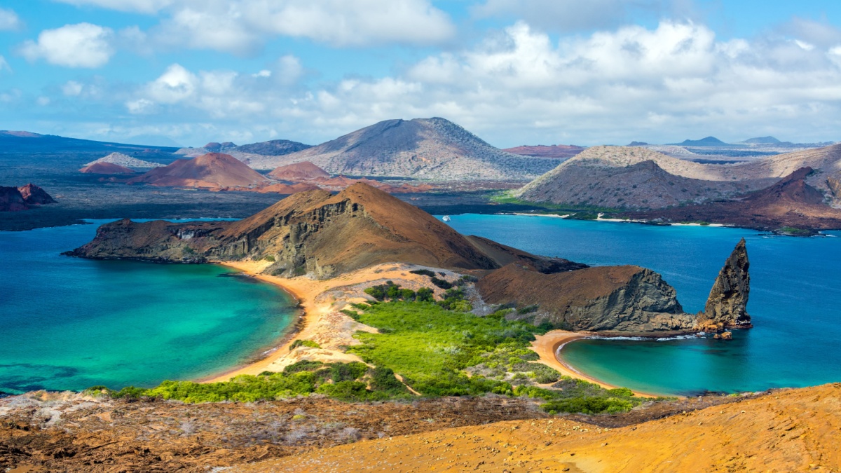 View of two beaches on Bartolome Island in the Galapagos Islands in Ecuador.