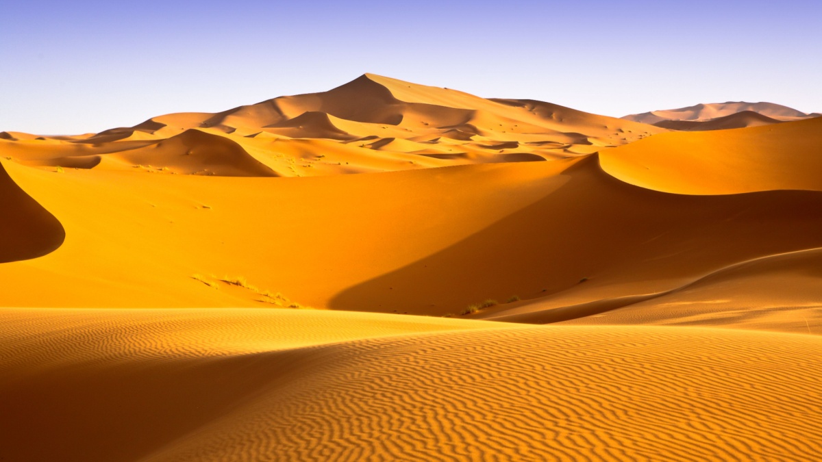 Moroccan desert landscape with blue sky. Dunes background.