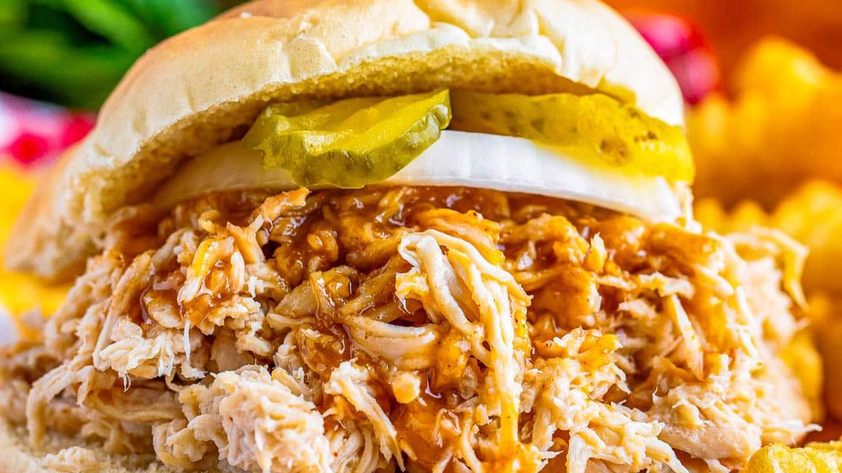 Slow Cooker Shredded Nashville Hot Chicken Sandwich Recipe.