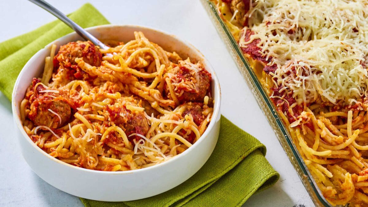 Spaghetti and Meatball Casserole.