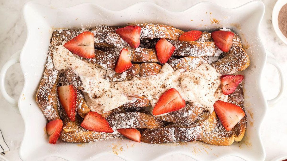 Tiramisu French Toast Casserole Bake with Sweet Cream.