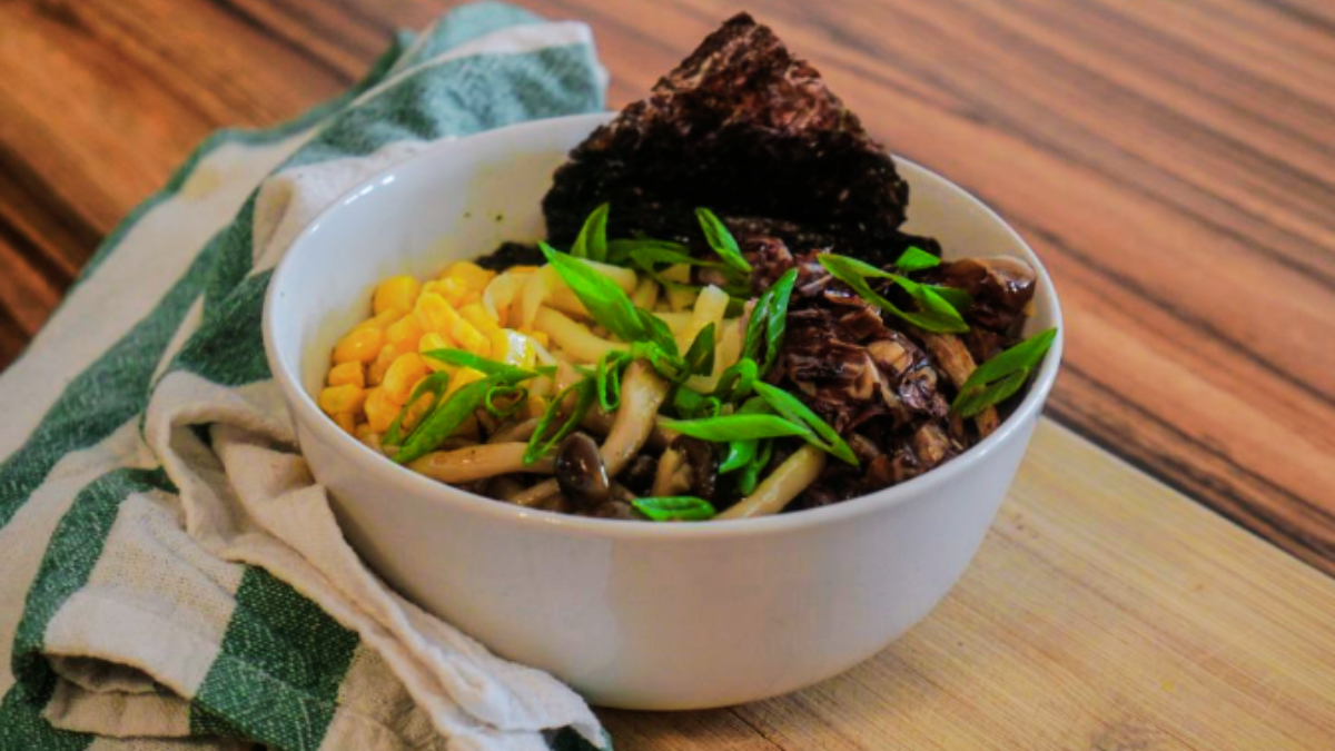 Vegan Udon Noodle Soup with Miso Broth & Corn.