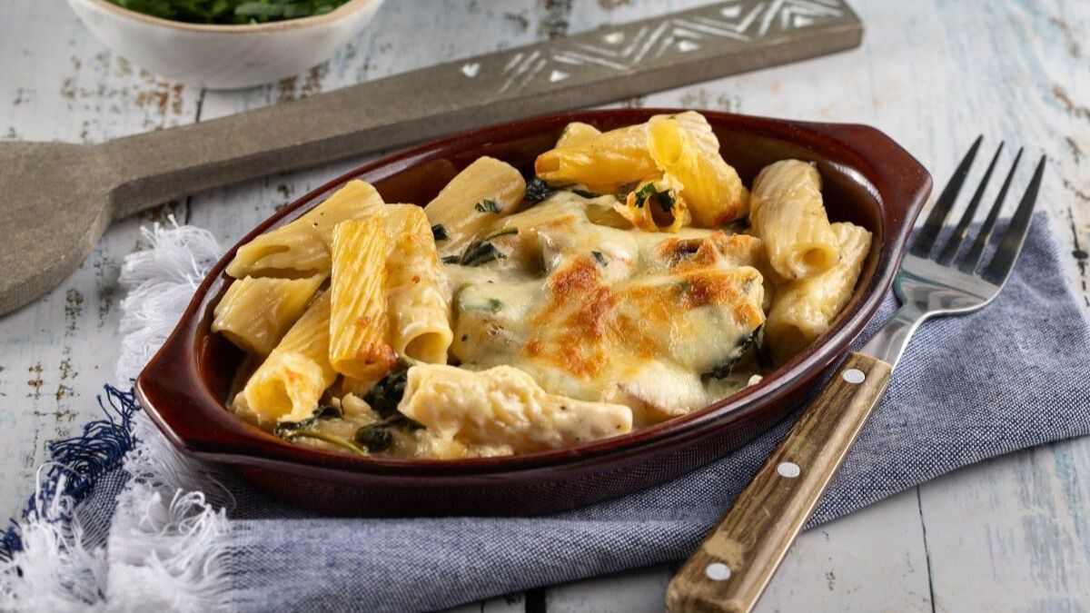 Baked Rigatoni with Mushrooms and Spinach.