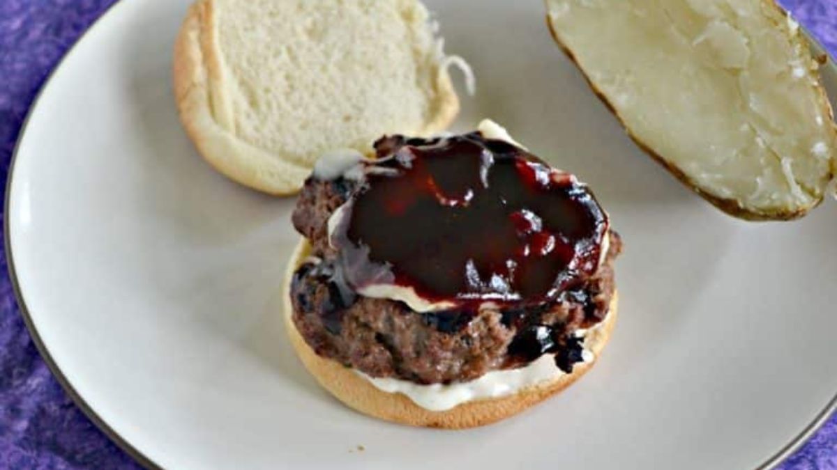 Burgers with Blueberry BBQ Sauce, Brie, and Lemon Shallot Aioli.