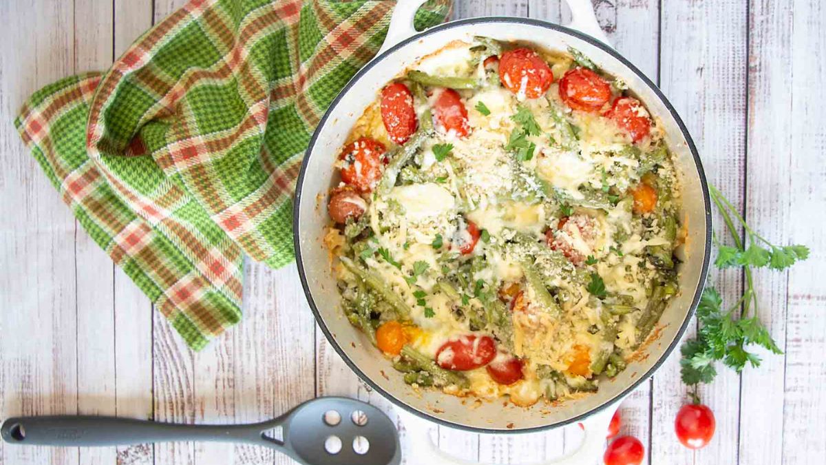 Cheesy Green Bean Casserole with Cherry Tomatoes.