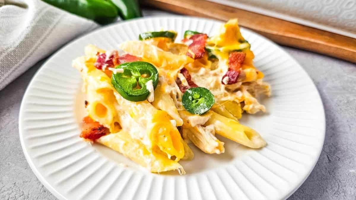 Creamy Jalapeno Poppers Chicken Casserole with Bacon.