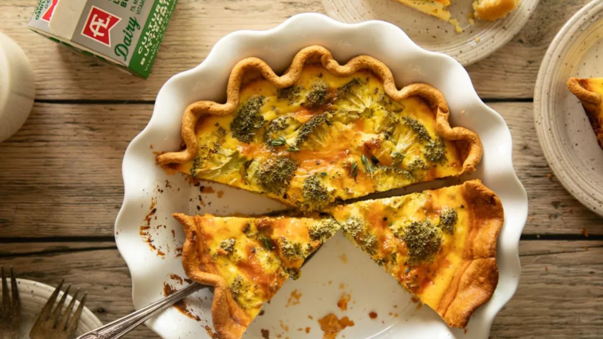 Easy Broccoli Cheddar Buttermilk Quiche with Crust.