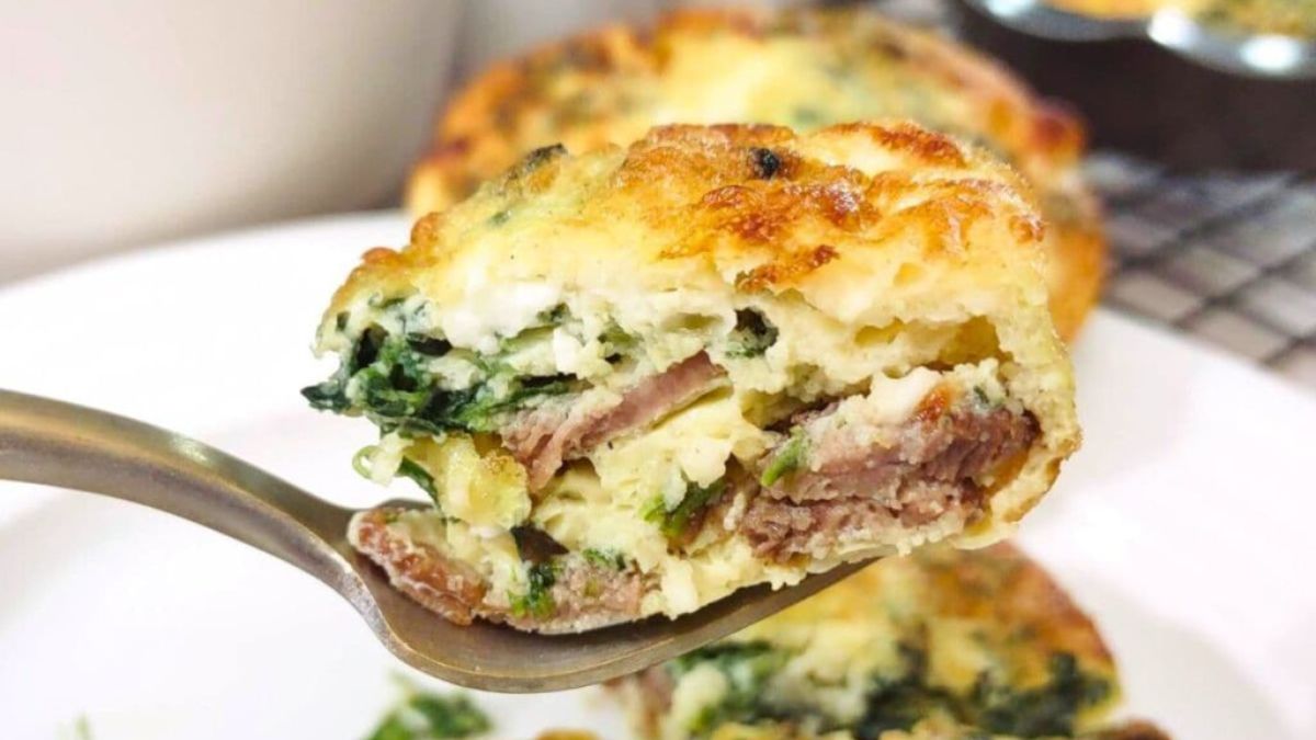 Easy Crustless Steak and Spinach Mini Quiche Air Fryer Recipe.