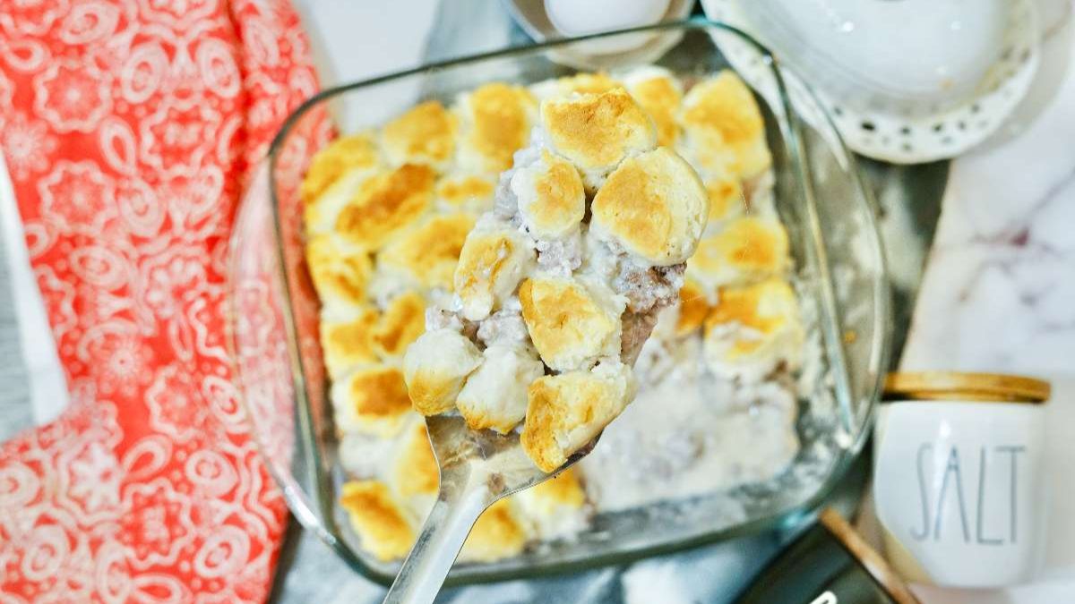 Easy Homemade Sausage Biscuits and Gravy Casserole.