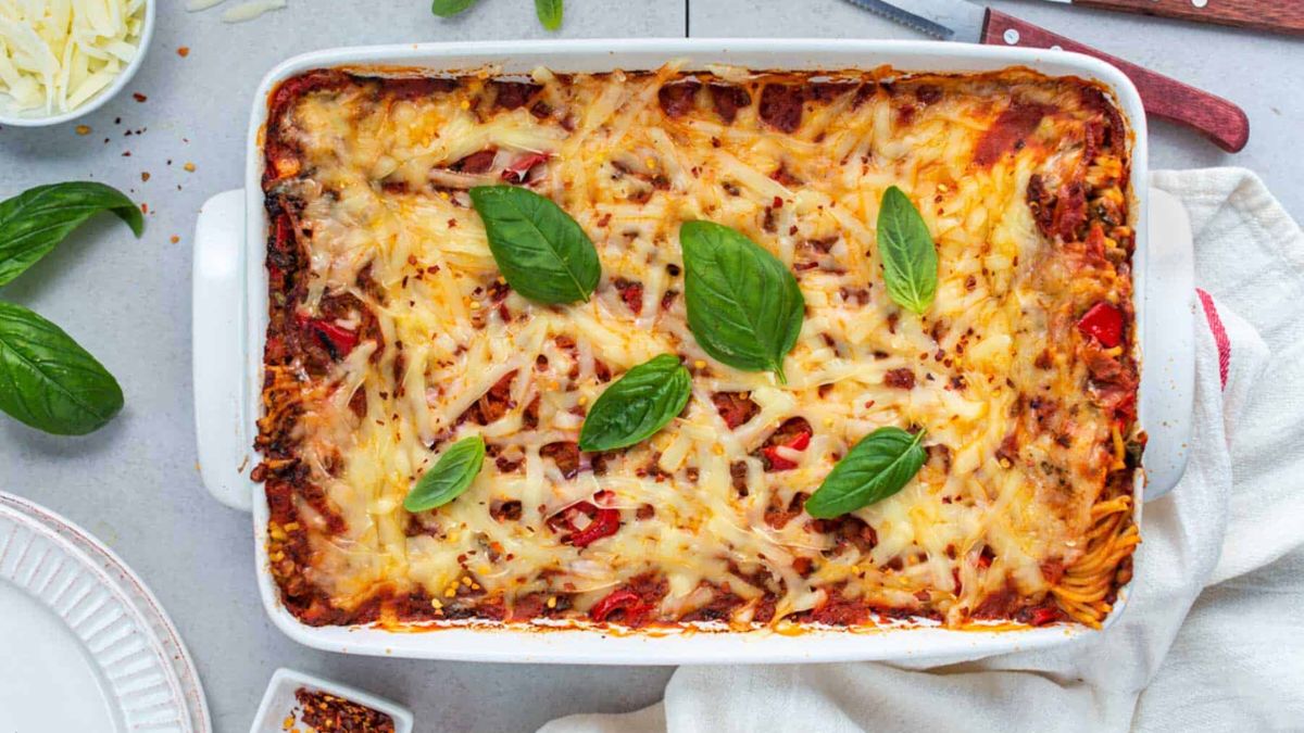 Easy Vegan Baked Spaghetti.