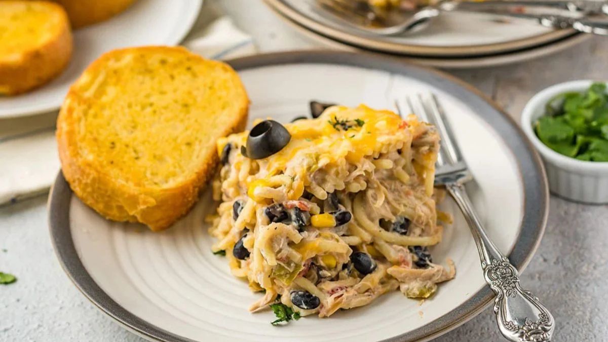 Fiesta Chicken Pasta Casserole Bake.
