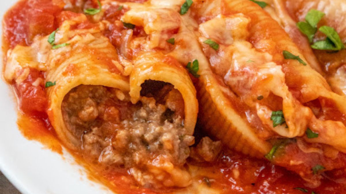 Ground Beef and Mozzarella Cheese Stuffed Jumbo Shells.