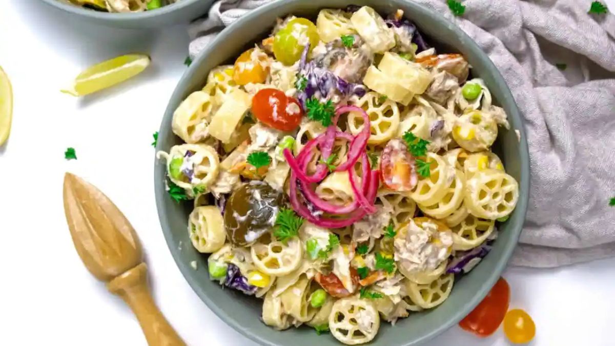Healthy Creamy Tuna Pasta Salad with Greek Yoghurt and Corn.